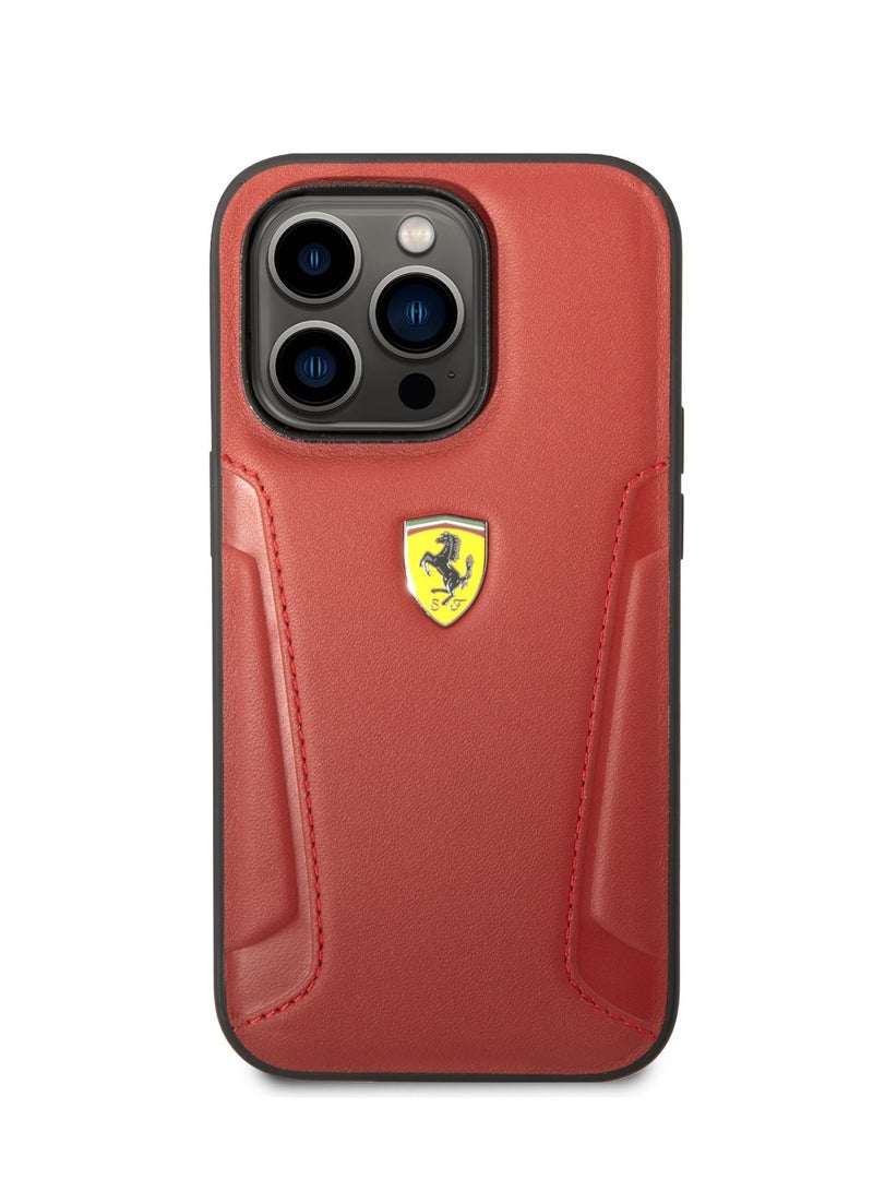 Ferrari iPhone 14 Pro Case Leather Back Cover with Hot Stamped Sides & Yellow Shield Logo - Red - Image 2