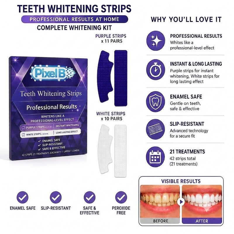 Pixel B Professional Teeth Whitening Kit, Fast Whitening Strips, Enamel Safe, Peroxide Free, 42 Strips (21 Treatments) - Image 1