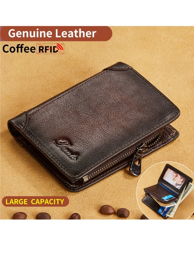 دانتي محفظة رجالية، جلد بقر من الطبقة الأولى مدبوغ نباتيًا، فتحات متعددة للبطاقات، حامل بطاقة قصيرة، محفظة بسحاب رخصة القيادة، بني - Image 1