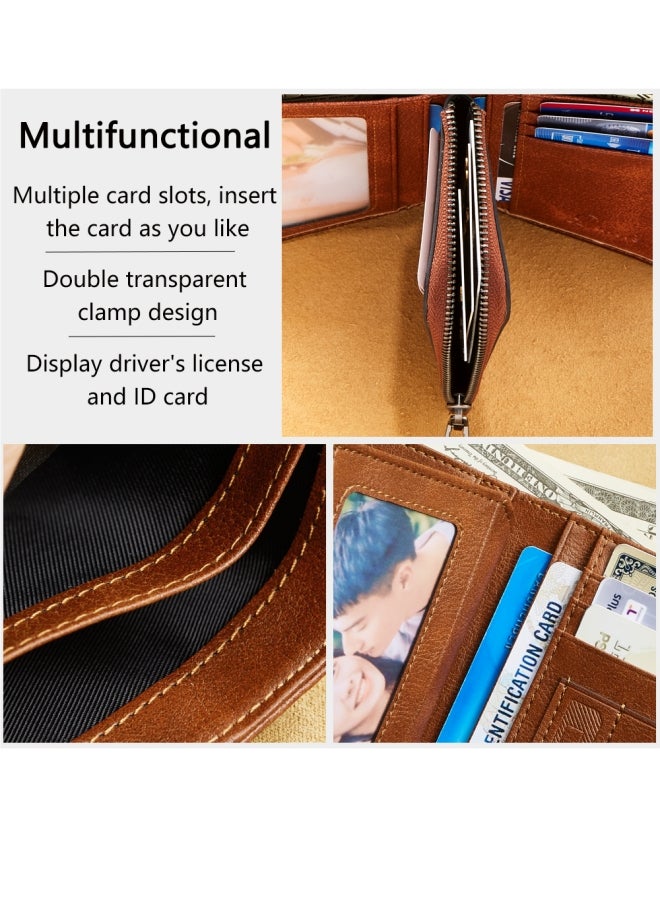 دانتي محفظة رجالية، جلد بقر من الطبقة الأولى مدبوغ نباتيًا، فتحات متعددة للبطاقات، حامل بطاقة قصيرة، محفظة بسحاب رخصة القيادة، بني - Image 4