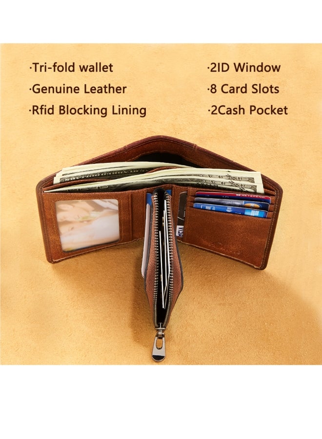 دانتي محفظة رجالية، جلد بقر من الطبقة الأولى مدبوغ نباتيًا، فتحات متعددة للبطاقات، حامل بطاقة قصيرة، محفظة بسحاب رخصة القيادة، بني - Image 3