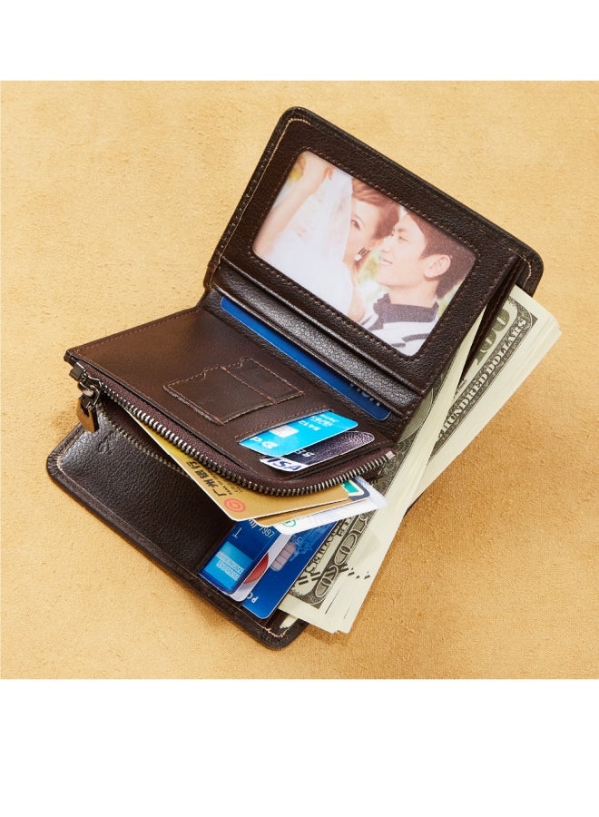 دانتي محفظة رجالية، جلد بقر من الطبقة الأولى مدبوغ نباتيًا، فتحات متعددة للبطاقات، حامل بطاقة قصيرة، محفظة بسحاب رخصة القيادة، بني - Image 2