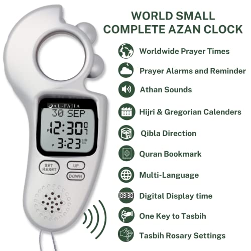 AL-FAJIA Islamic Prayer Time and Athan Sound Reminder Digital Tasbih Counter, Full Azan Clock for USA and Worldwide, Portable (Silver) - Image 3