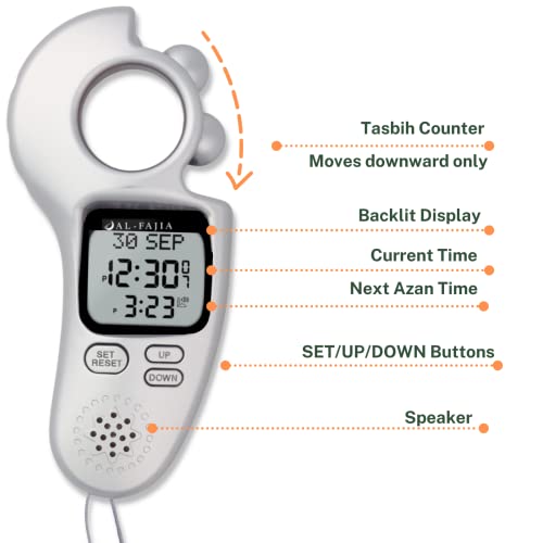 AL-FAJIA Islamic Prayer Time and Athan Sound Reminder Digital Tasbih Counter, Full Azan Clock for USA and Worldwide, Portable (Silver) - Image 4