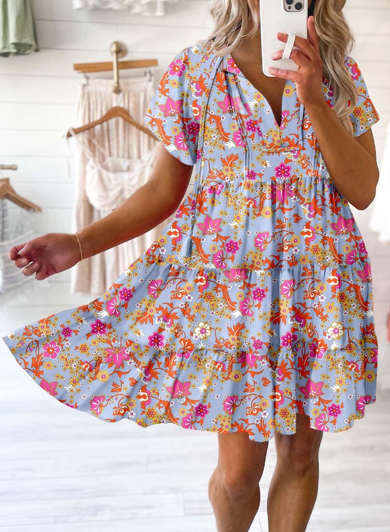 Dokotoo Summer Dresses for Women Ladies Short Sleeve Floral Sundresses for Women 2025 Casual Short Sleeve Spring Swing A Line Boho Mini Dress Pink Large - Image 2