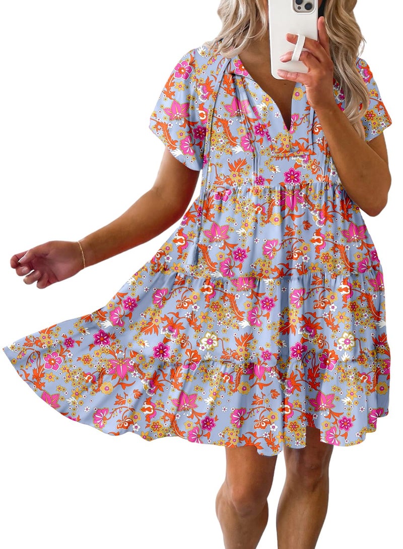 Dokotoo Summer Dresses for Women Ladies Short Sleeve Floral Sundresses for Women 2025 Casual Short Sleeve Spring Swing A Line Boho Mini Dress Pink Large - Image 1