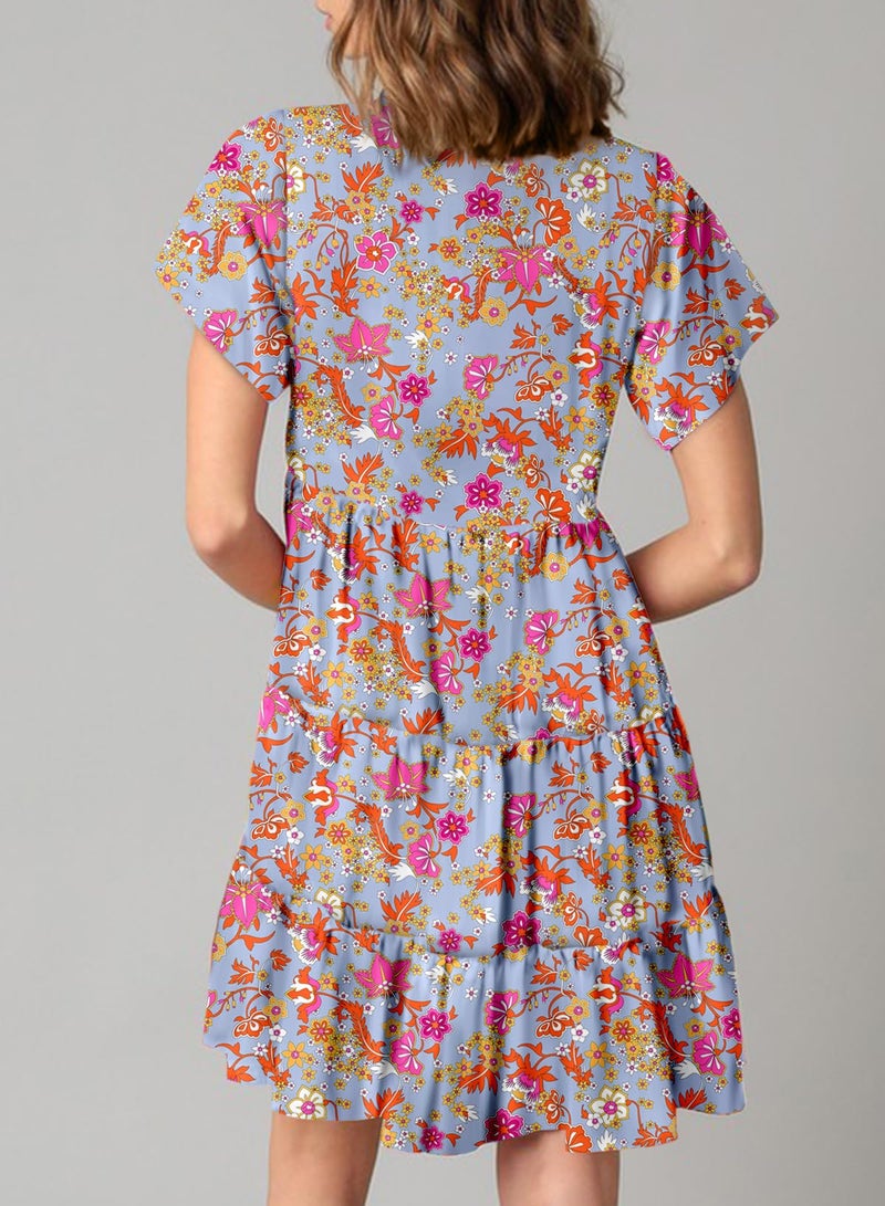 Dokotoo Summer Dresses for Women Ladies Short Sleeve Floral Sundresses for Women 2025 Casual Short Sleeve Spring Swing A Line Boho Mini Dress Pink Large - Image 3