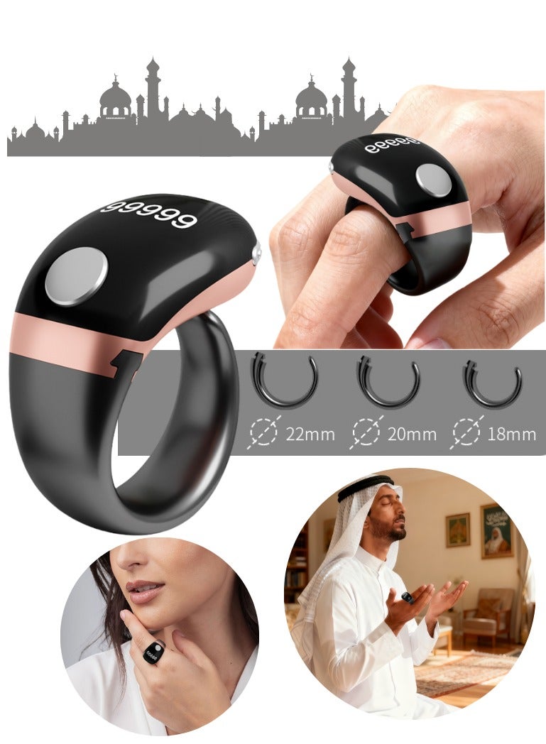خاتم تسبيح ذكر ذكي، عداد قابل للتعديل، مقاس (18 و20 مم 22 مم)، خاتم تذكير بالصلاة بعداد رقمي، خاتم ذكر مضاد للماء، للمسلمين (ذهبي وردي) - Image 1