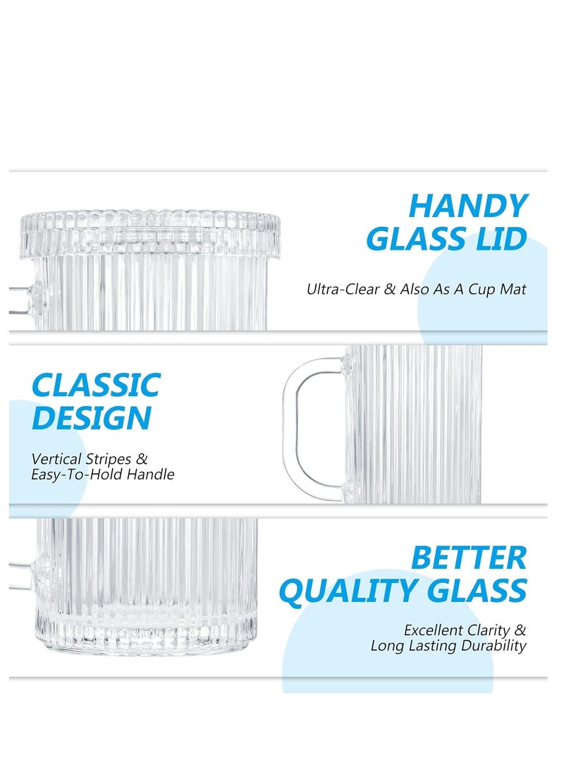 SOLARAE Glass Coffee Mugs Clear Mug - 14 Oz Ribbed, Classical Vertical Stripes Tea Cups With Lids Set of 2 - Perfect for Latte,Cappuccino,Hot Chocolate Juice - Image 3
