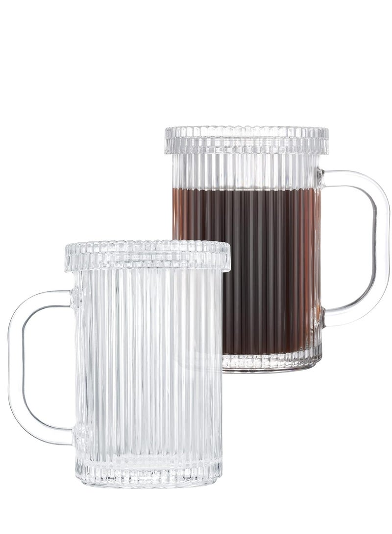 SOLARAE Glass Coffee Mugs Clear Mug - 14 Oz Ribbed, Classical Vertical Stripes Tea Cups With Lids Set of 2 - Perfect for Latte,Cappuccino,Hot Chocolate Juice - Image 1