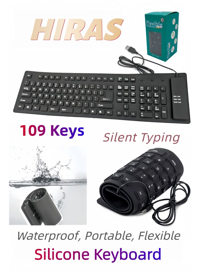 Hiras Silicone Keyboard 109 Keys Foldable, Waterproof & Dustproof, Silent Soft USB Portable Keyboard for PC Laptop, Black - Image 1