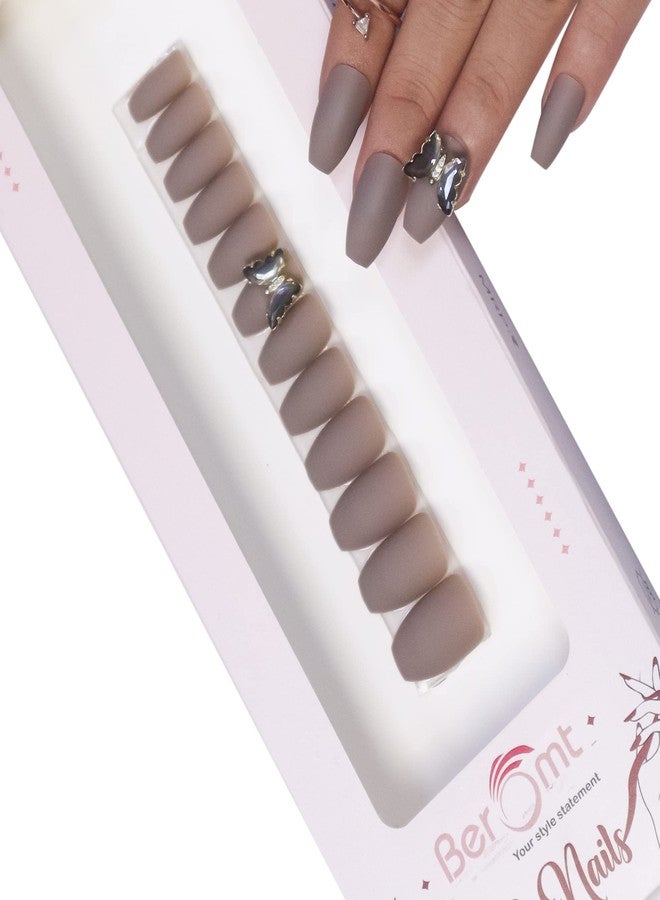 Beromt flase nails beromt butterfly charm nail set of 12 reusable UV treated gel finished press on nail with matte finish with adhesive tab inside - BFNC18BFC - Image 1