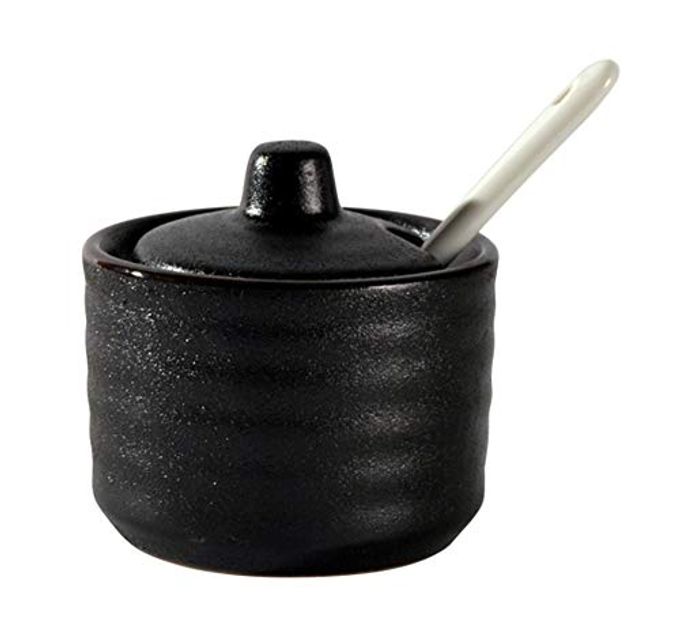 CERAMIC MINI SUGAR BOWL SEASONING POT SALT PEPPER STORAGE JAR WITH LID SPOON70ML