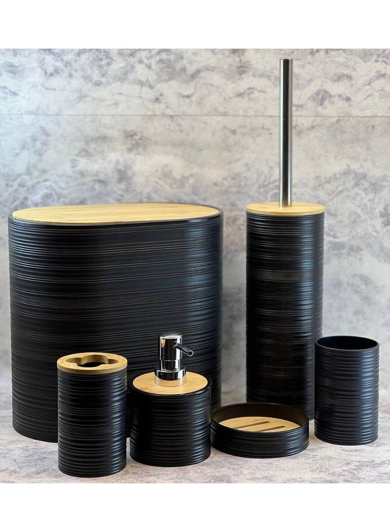 KITCHEN HERO Modern 6-Piece Elegant Bathroom Accessory Set – Includes Toilet Brush, Soap Dispenser, Waste Bin, Toothbrush Holder, Tumbler, and Soap Dish – Textured Design with Bamboo Lids (Black) - Image 1