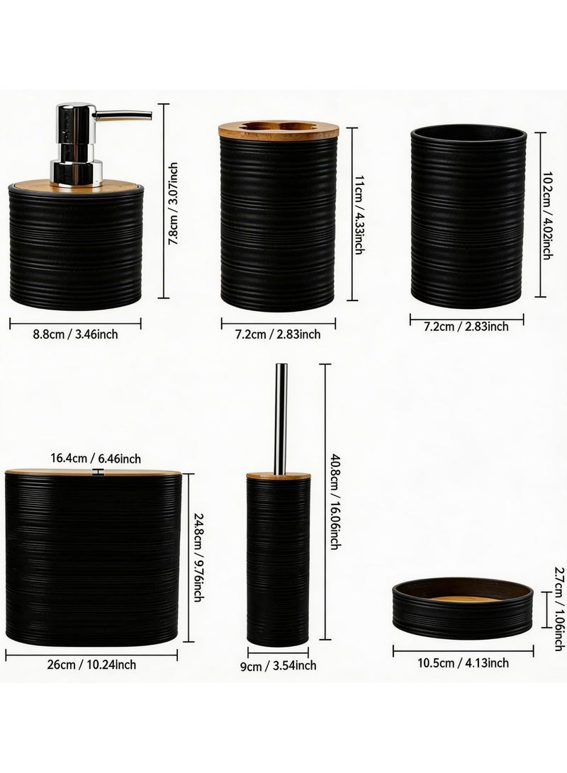 KITCHEN HERO Modern 6-Piece Elegant Bathroom Accessory Set – Includes Toilet Brush, Soap Dispenser, Waste Bin, Toothbrush Holder, Tumbler, and Soap Dish – Textured Design with Bamboo Lids (Black) - Image 5