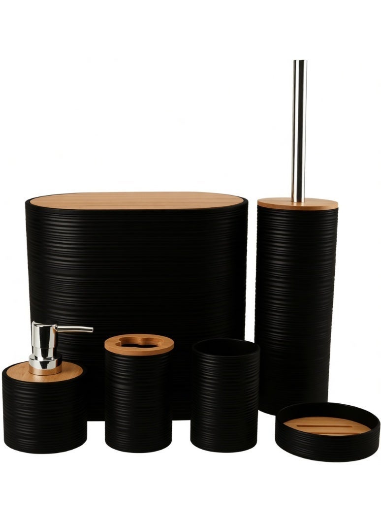 KITCHEN HERO Modern 6-Piece Elegant Bathroom Accessory Set – Includes Toilet Brush, Soap Dispenser, Waste Bin, Toothbrush Holder, Tumbler, and Soap Dish – Textured Design with Bamboo Lids (Black) - Image 3