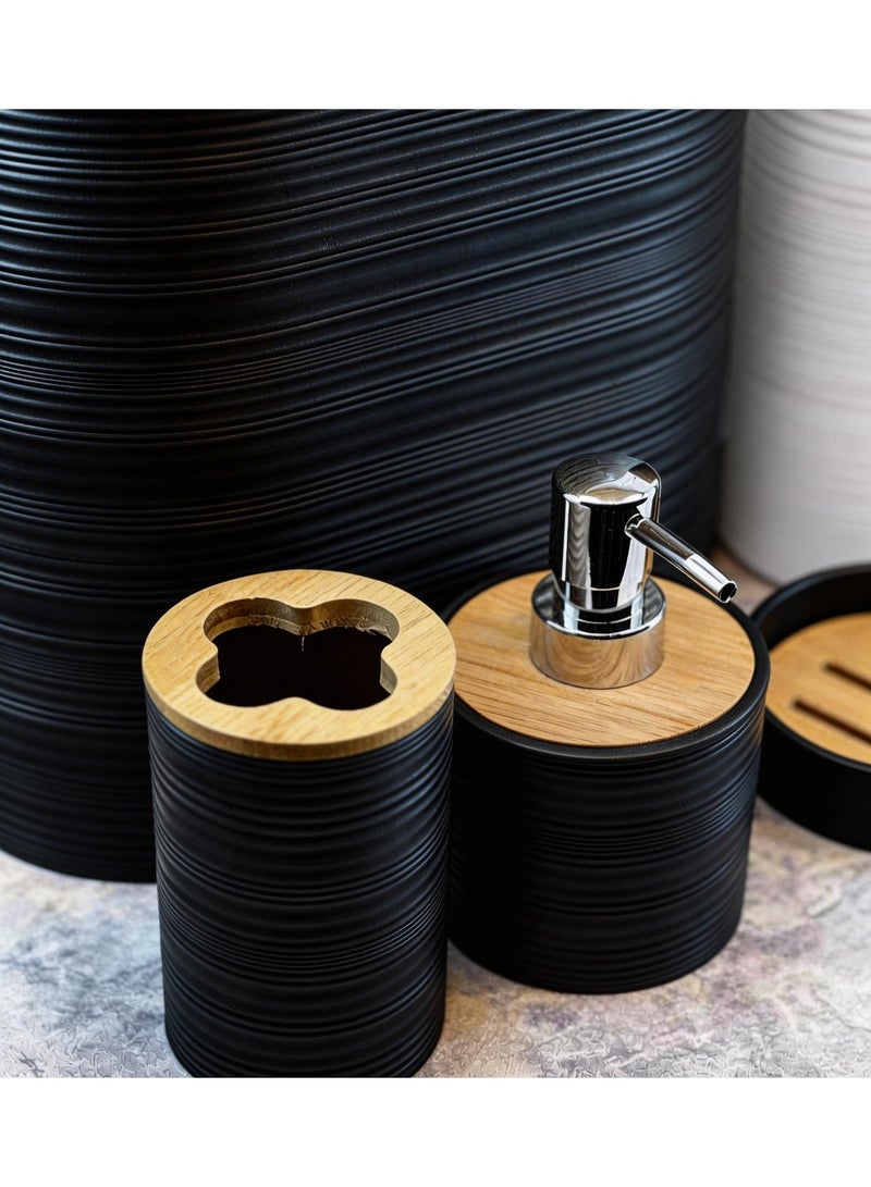 KITCHEN HERO Modern 6-Piece Elegant Bathroom Accessory Set – Includes Toilet Brush, Soap Dispenser, Waste Bin, Toothbrush Holder, Tumbler, and Soap Dish – Textured Design with Bamboo Lids (Black) - Image 2