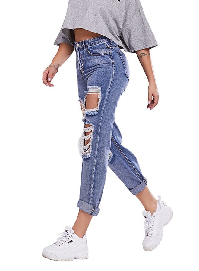 HDLTE Women Ripped Wide Leg Jeans High Waist Baggy Jeans Loose Boyfriends Jeans Blue Washed,Sky Blue, Blue, S - Image 3