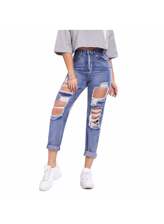 HDLTE Women Ripped Wide Leg Jeans High Waist Baggy Jeans Loose Boyfriends Jeans Blue Washed,Sky Blue, Blue, S - Image 1
