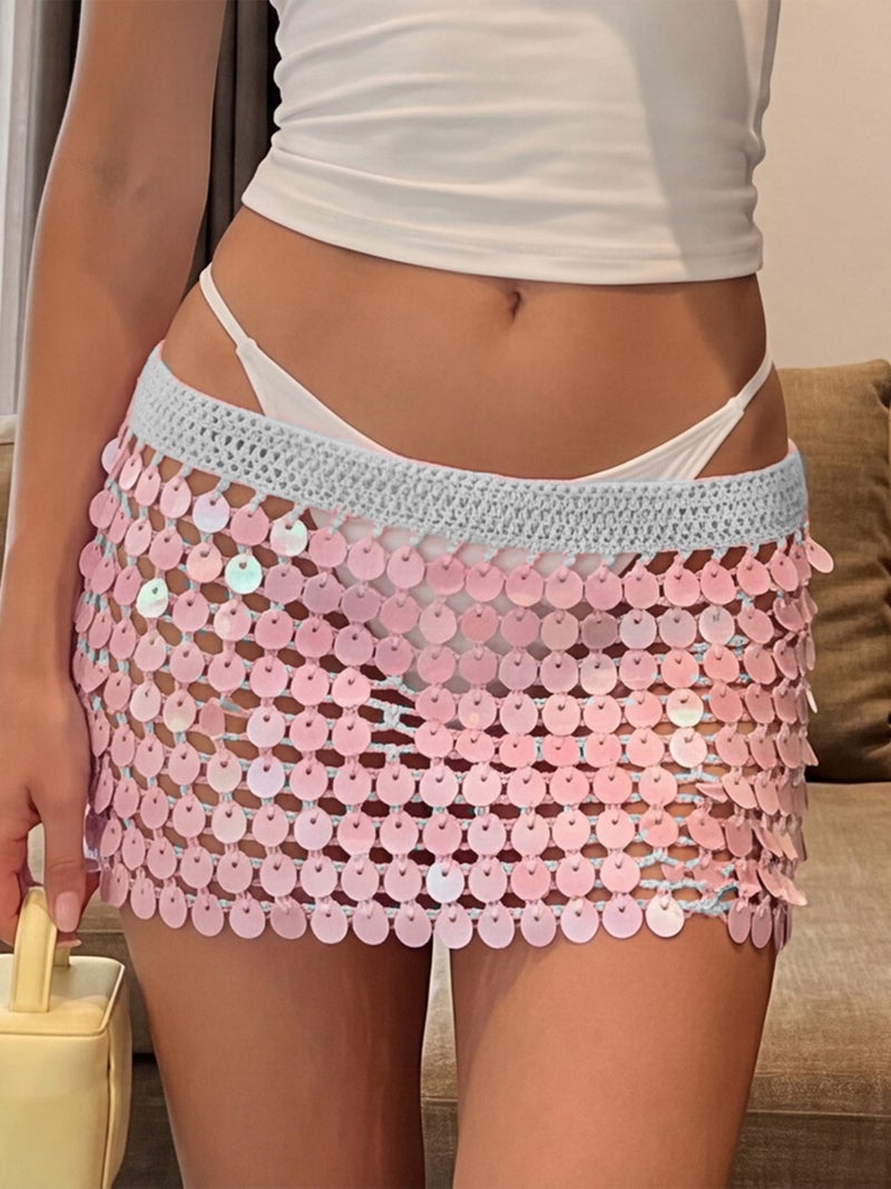 Women's Crochet Mini Skirt Hollow Out Sequin Decor Bikini Cover Up Skirt - Image 3