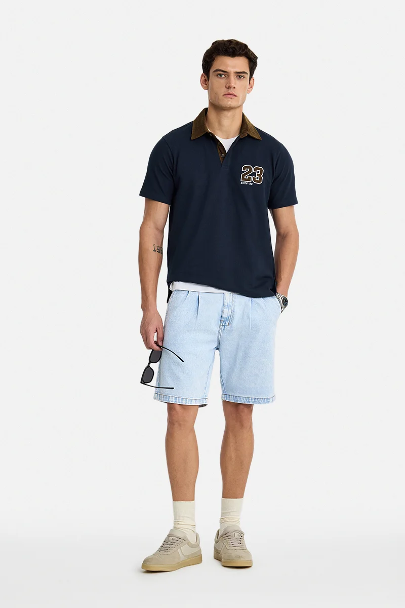 سنيتش Navy Blue Graphic Half Sleeve Regular Fit Casual T-Shirt