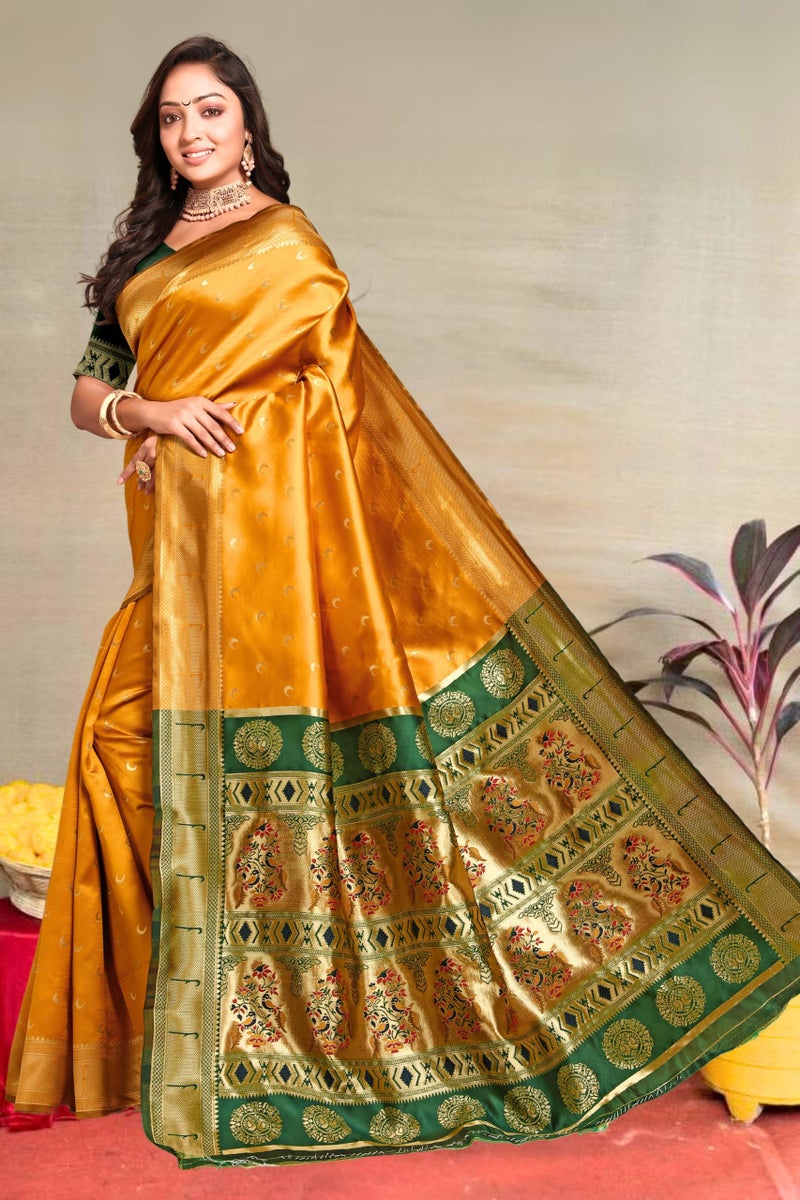 C J Enterprise Women's Banarasi Saree Pure Kanjivaram Silk Saree Soft Design Wear Pattu Sarees Latest Cotton With Blouse Piece for Wedding sadi new ladies 2025 (Chand paithani) (Yellow-Green) - Image 3