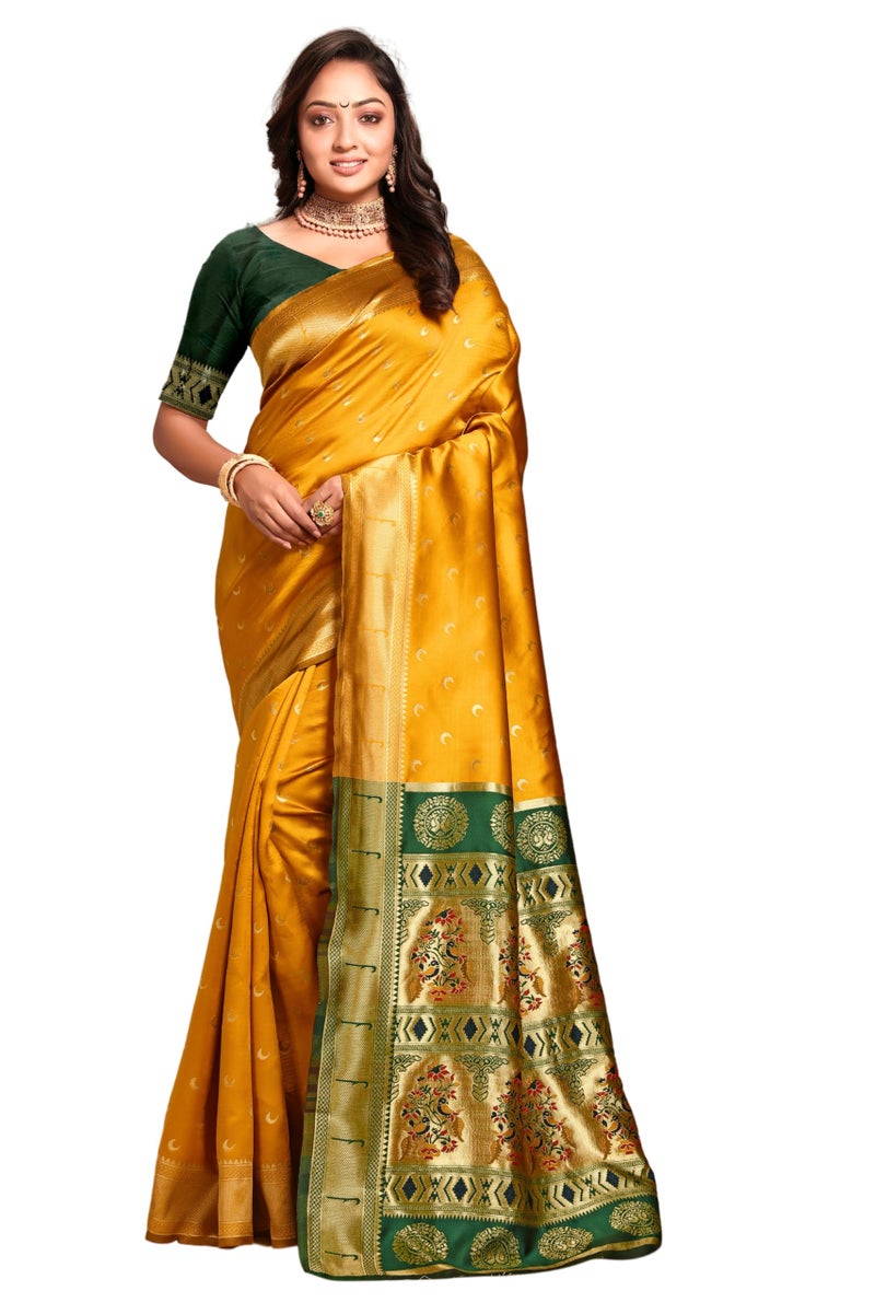 C J Enterprise Women's Banarasi Saree Pure Kanjivaram Silk Saree Soft Design Wear Pattu Sarees Latest Cotton With Blouse Piece for Wedding sadi new ladies 2025 (Chand paithani) (Yellow-Green) - Image 1