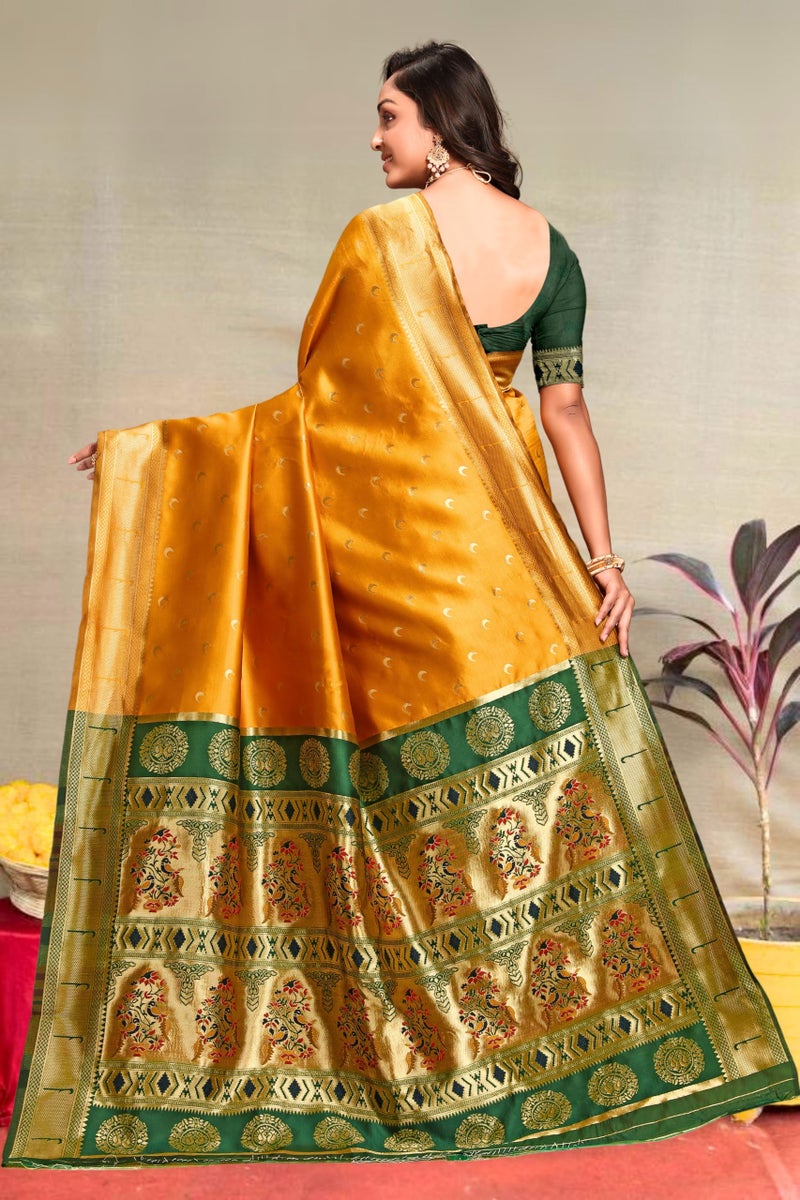 C J Enterprise Women's Banarasi Saree Pure Kanjivaram Silk Saree Soft Design Wear Pattu Sarees Latest Cotton With Blouse Piece for Wedding sadi new ladies 2025 (Chand paithani) (Yellow-Green) - Image 2