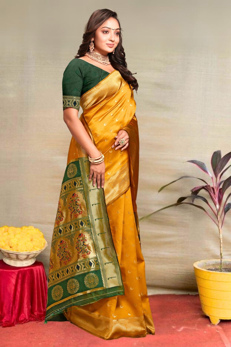 C J Enterprise Women's Banarasi Saree Pure Kanjivaram Silk Saree Soft Design Wear Pattu Sarees Latest Cotton With Blouse Piece for Wedding sadi new ladies 2025 (Chand paithani) (Yellow-Green) - Image 4