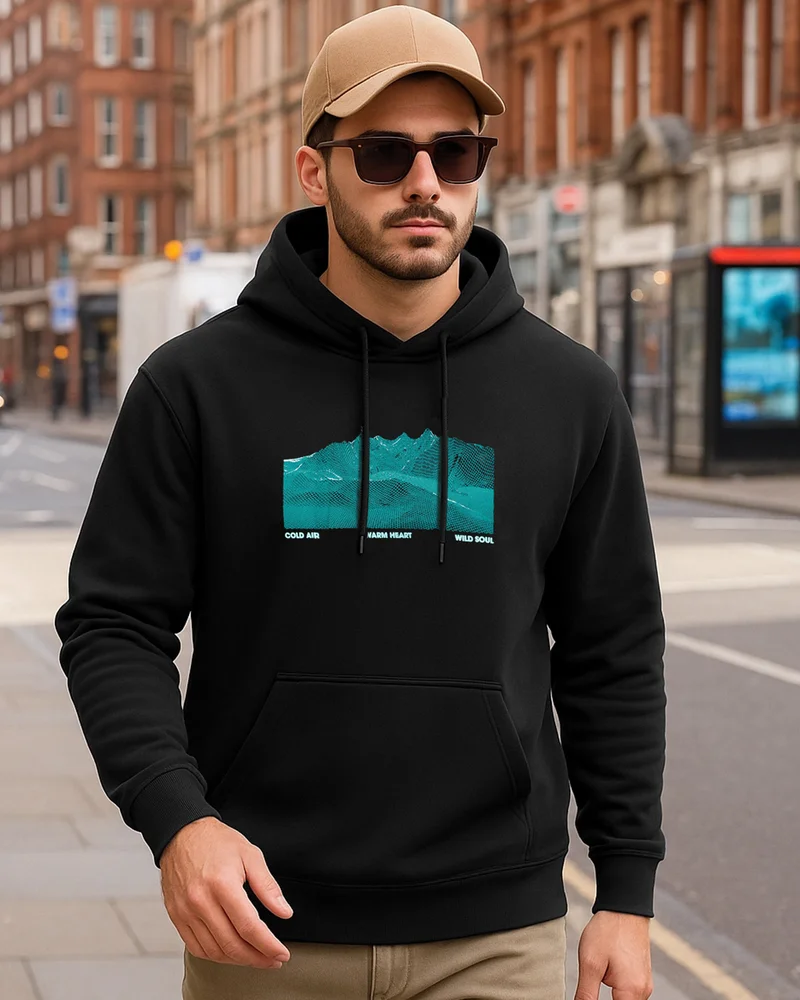 بيواكوف Men's Jet Black Warm Hearts Graphic Printed Hoodies