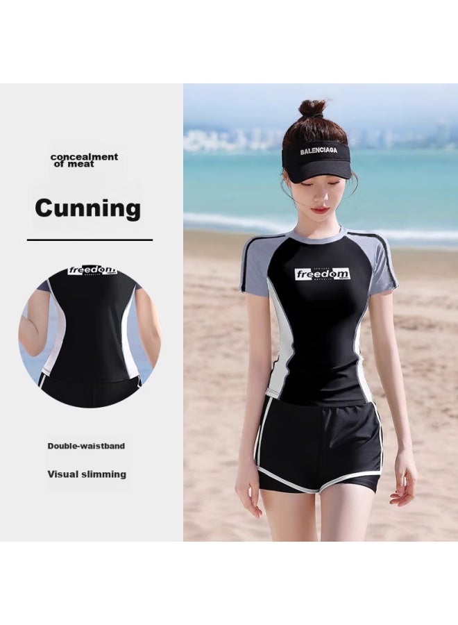 F.dyraa Women's Swimsuit, Elegant Two-piece Short-sleeve Slimming Professional Swimwear For Swimming Pool, Four-piece Set 13028, Simple White, Size M - Image 4