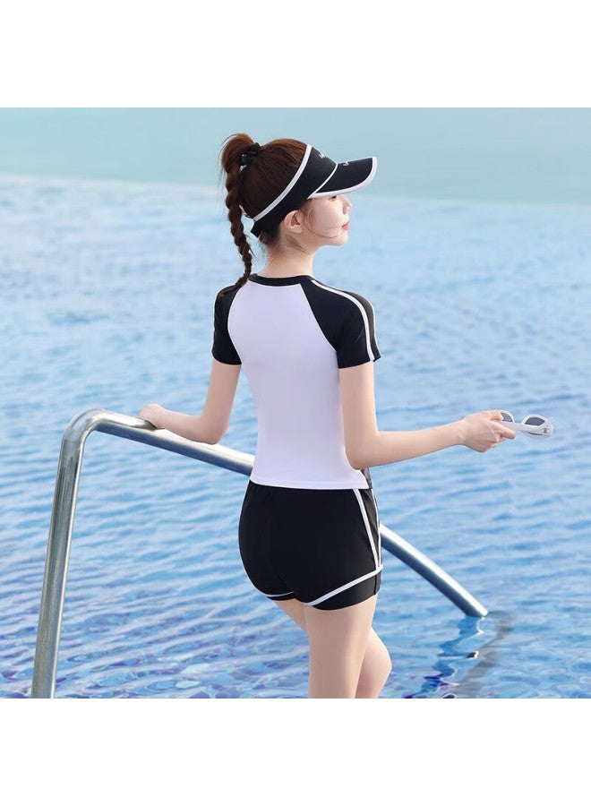 F.dyraa Women's Swimsuit, Elegant Two-piece Short-sleeve Slimming Professional Swimwear For Swimming Pool, Four-piece Set 13028, Simple White, Size M - Image 5