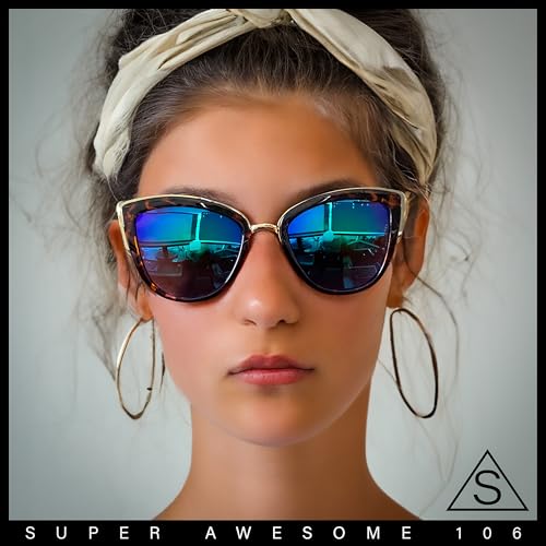 SA106 Womens Color Mirror Mirrored Lens Oversize Cat Eye Sunglasses Matte Black Silver Mirror - Image 3
