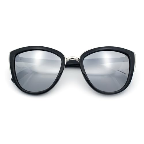 SA106 Womens Color Mirror Mirrored Lens Oversize Cat Eye Sunglasses Matte Black Silver Mirror - Image 1