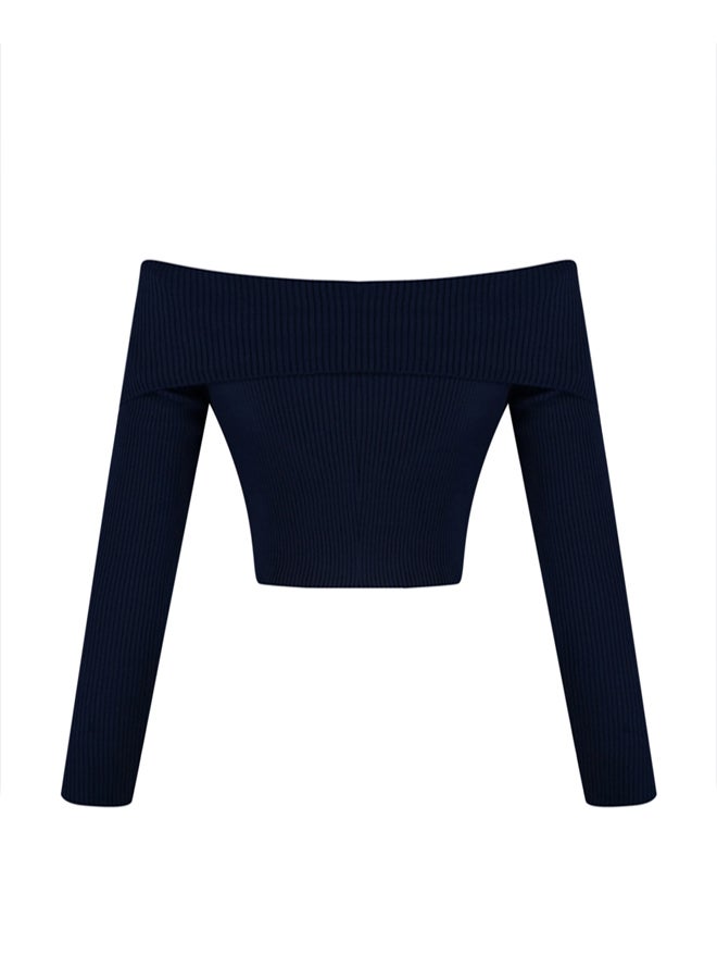 trendyol Navy Super Crop Carmen Collar Knitwear Sweater - Image 5