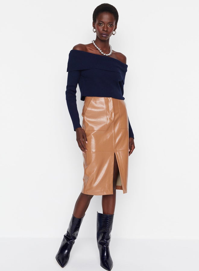 trendyol Navy Super Crop Carmen Collar Knitwear Sweater - Image 2