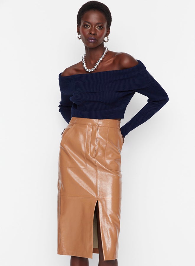 trendyol Navy Super Crop Carmen Collar Knitwear Sweater - Image 3