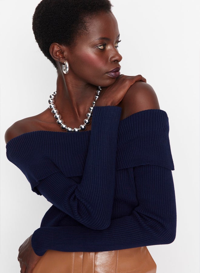 trendyol Navy Super Crop Carmen Collar Knitwear Sweater - Image 1