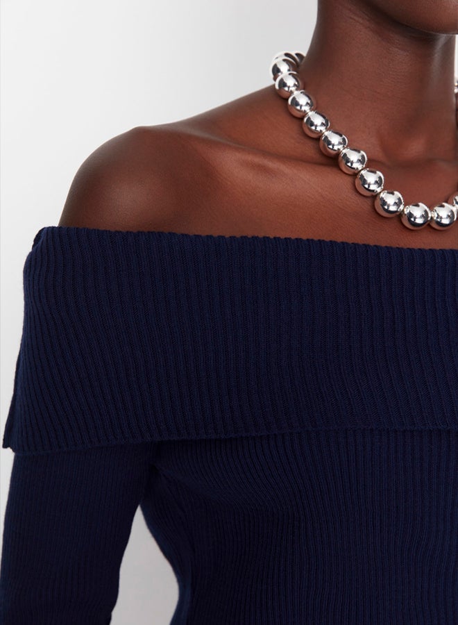 trendyol Navy Super Crop Carmen Collar Knitwear Sweater - Image 4