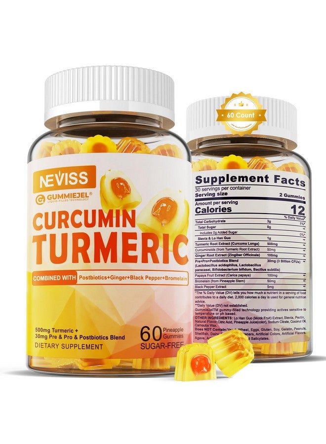 NEVISS جلوبي سكر خالي من السكر مع الكركم والكركمين 550 ملغ للبالغين، زنجبيل وفلفل أسود | 95% كركومينويد مع مزيج من البروبيوتيك والبريبيوتيك والبوستبيوتيك، دعم صحة المناعة والهضم، نباتي، 60 حبة - Image 1