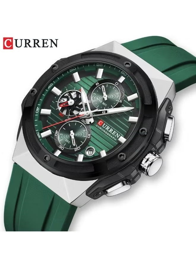 CURREN ساعة كيرين 8462 الجديدة للرجال، ساعة رياضية عصرية من السيليكون، ساعة مضيئة للرجال، ساعة كوارتز بتقويم، ساعة يد مقاومة للماء، ساعة كرونوغراف باللون الأخضر - Image 3