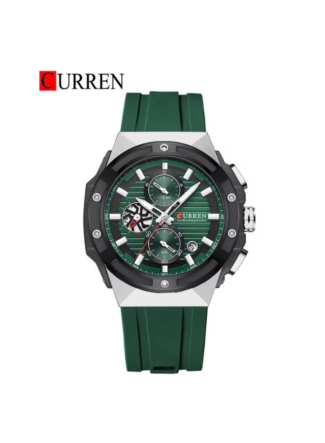 CURREN ساعة كيرين 8462 الجديدة للرجال، ساعة رياضية عصرية من السيليكون، ساعة مضيئة للرجال، ساعة كوارتز بتقويم، ساعة يد مقاومة للماء، ساعة كرونوغراف باللون الأخضر - Image 1