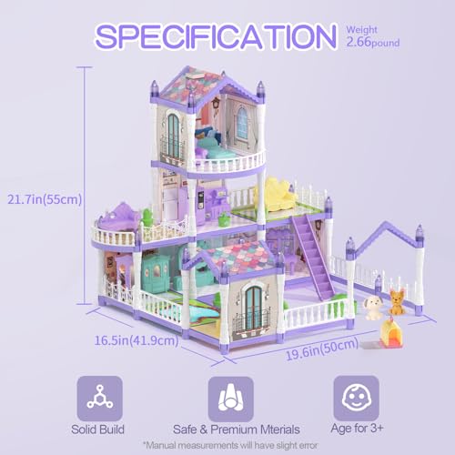 randhar Princess Dollhouse Set Lilac Purple Doll House with 9 Rooms on 3 Floors Includes 2 Dolls 2 Pets 12 Pieces of Furniture and Other Accessories Prefect Gift for Girls Dreamy Dollhouse - Image 5