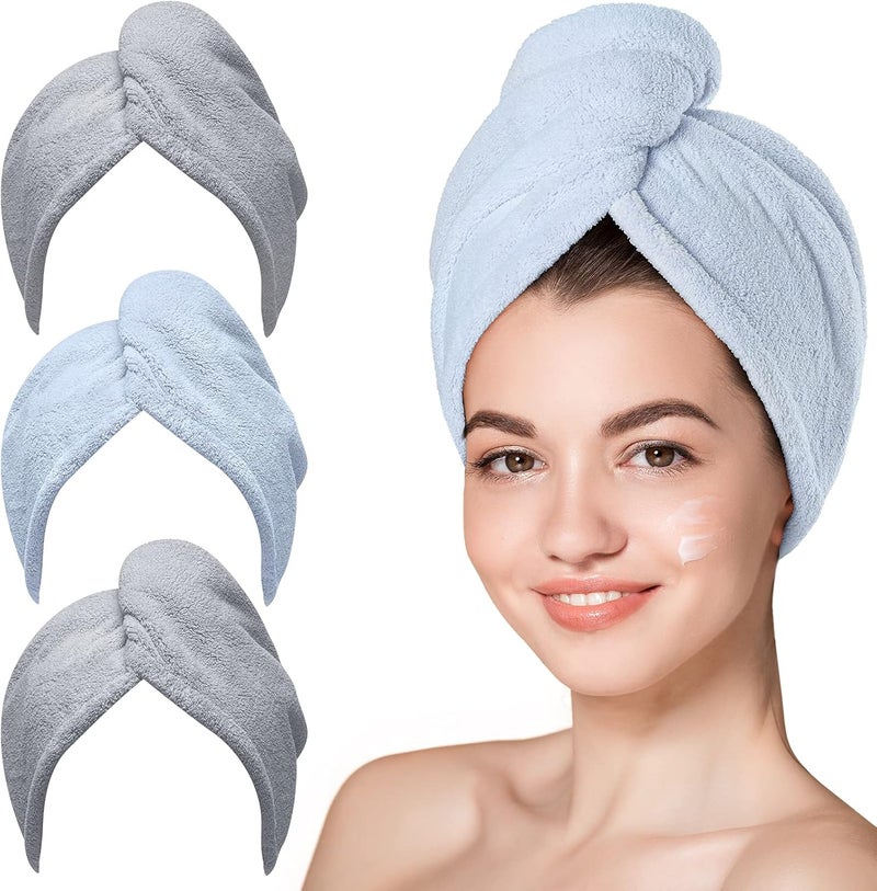 Hicober Microfiber Hair Towel, 3 Packs Hair Turbans for Wet Hair, Drying Hair Wrap Towels for Curly Hair Women Anti Frizz(Grey,Blue,Grey) - Image 1
