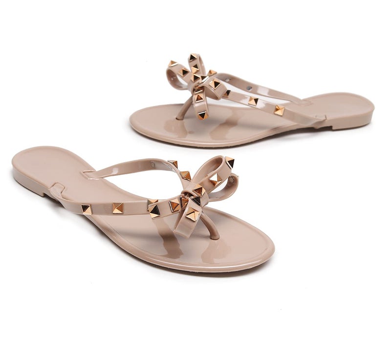 OMGard Studded Sandals for Womens Jelly Shoes Bow Flip Flops Womens Beige Jellies Flat Size 10, Summer Beach Thong Slides with Rivets Dressy Slippers Slip On - Image 3