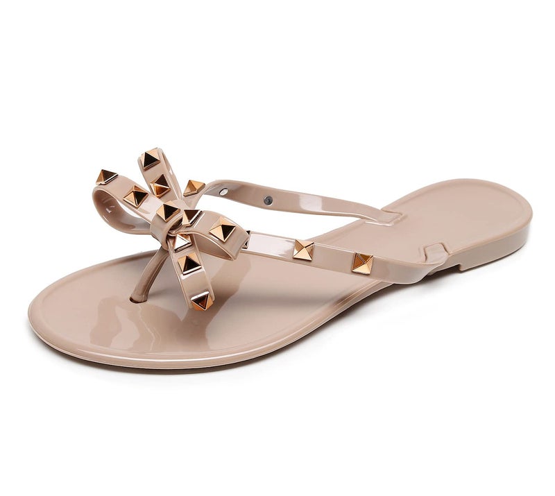 OMGard Studded Sandals for Womens Jelly Shoes Bow Flip Flops Womens Beige Jellies Flat Size 10, Summer Beach Thong Slides with Rivets Dressy Slippers Slip On - Image 1