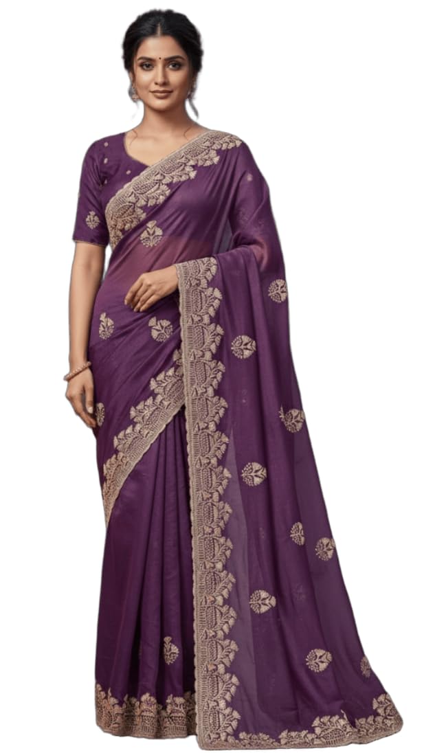 Glory Sarees Women's Georgette Silk Embroidery Work Saree With Blouse Piece (Mayura101_Purple) - Image 1