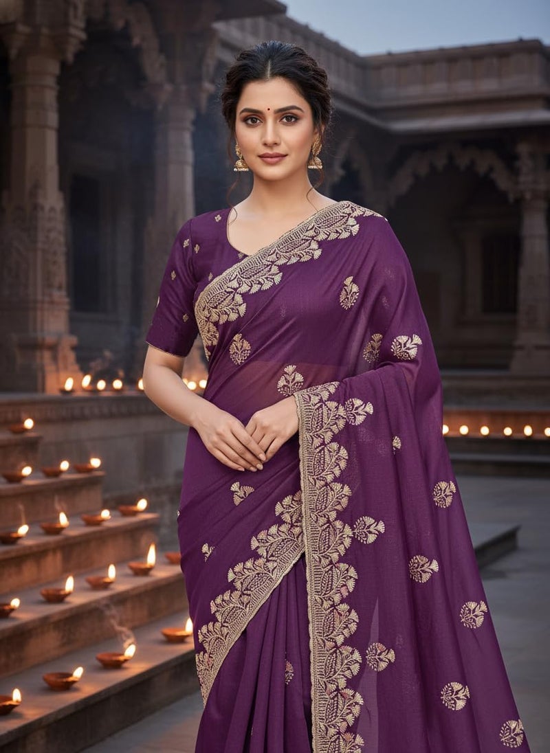 Glory Sarees Women's Georgette Silk Embroidery Work Saree With Blouse Piece (Mayura101_Purple) - Image 3