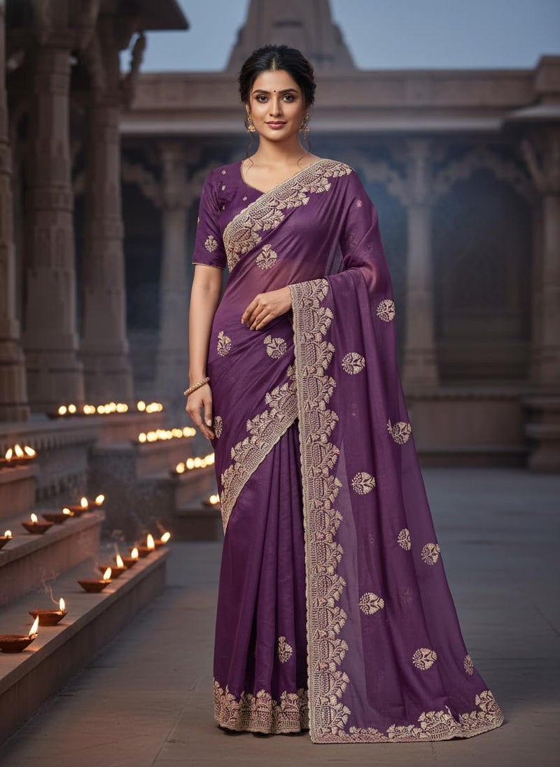 Glory Sarees Women's Georgette Silk Embroidery Work Saree With Blouse Piece (Mayura101_Purple) - Image 4