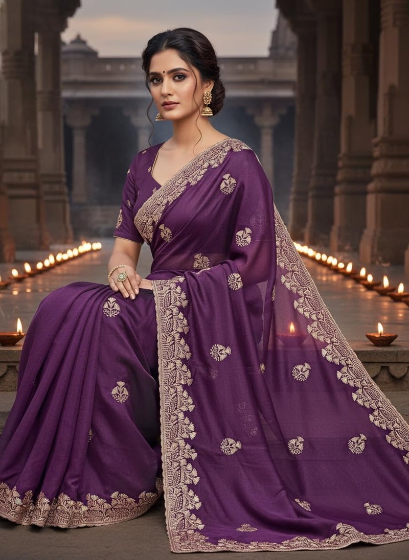 Glory Sarees Women's Georgette Silk Embroidery Work Saree With Blouse Piece (Mayura101_Purple) - Image 2